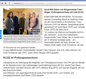 Bericht des Bezirksblattes Tulln über die konstituierende Gemeinderatssitzung Königsbrunn am Wagram am 26.2.2015